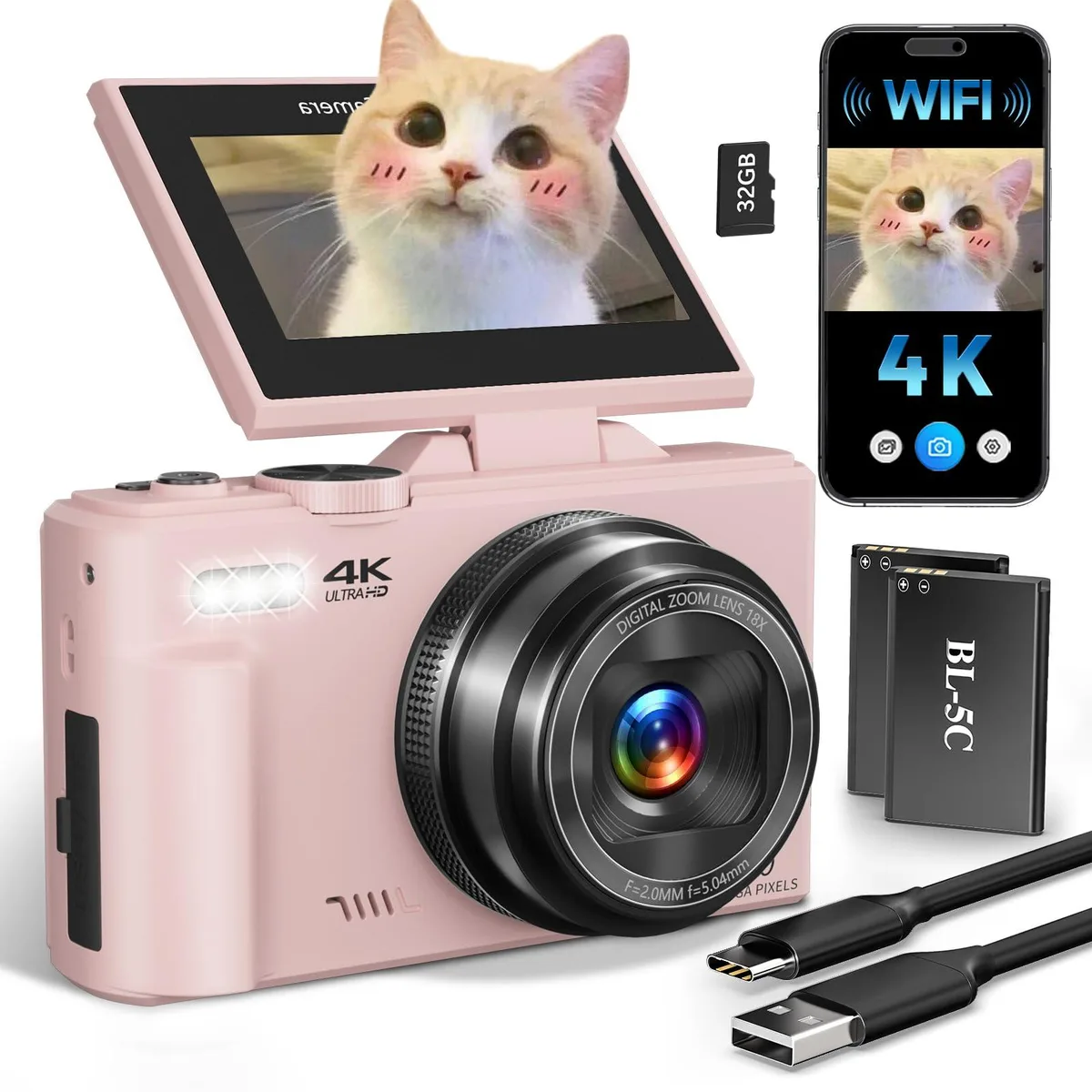  ULPTXOO L-WD08 64MP 4K Point &amp; Shoot Camera Pink — product photo