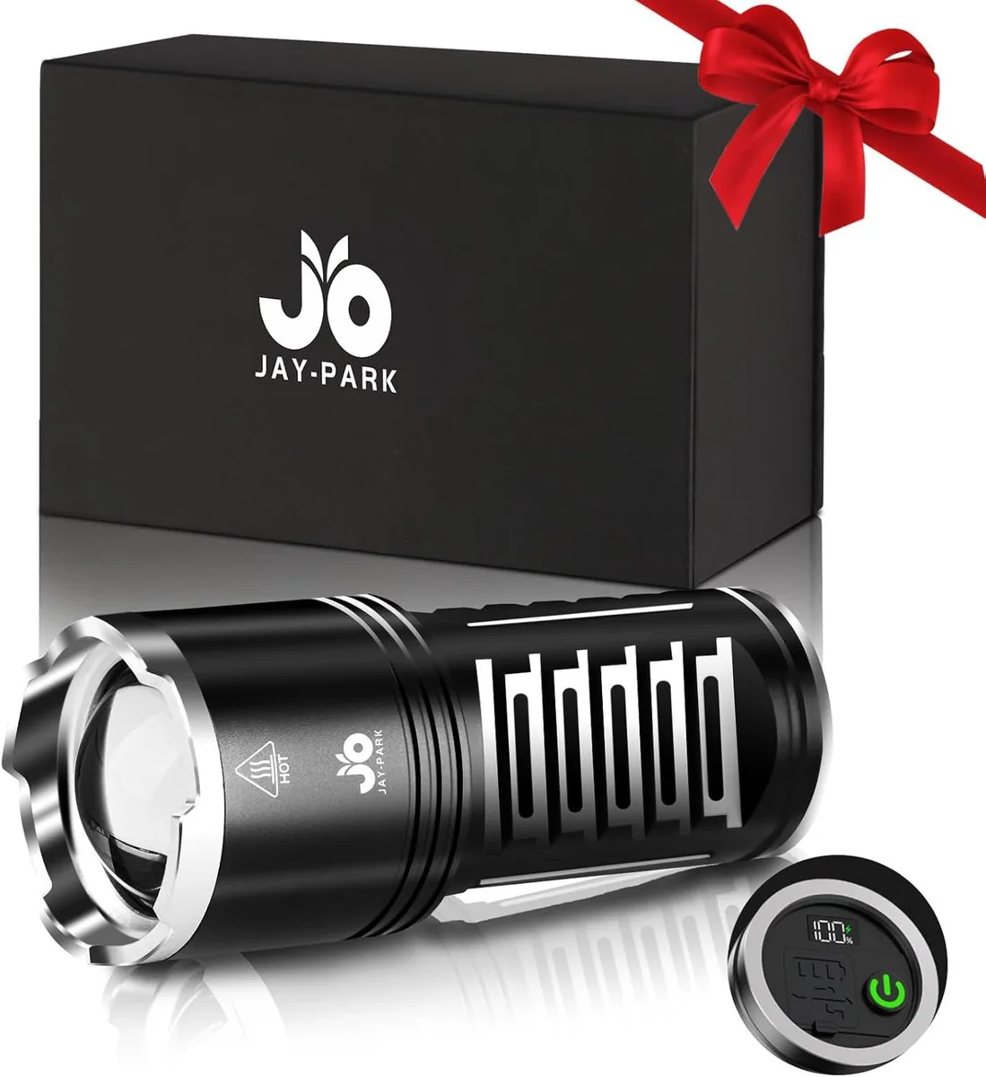 Black cylindrical flashlight with LCD display and zoomable head