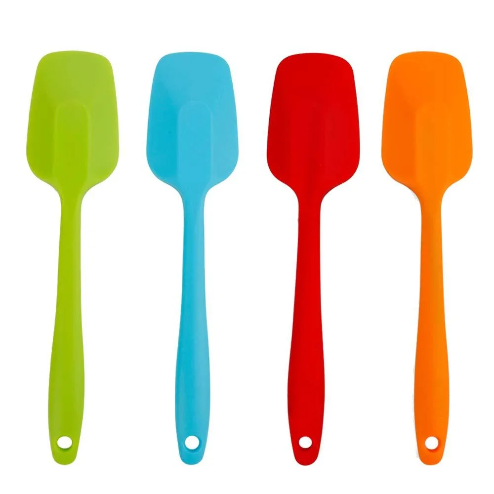 Set of four 11-inch silicone spatulas with stainless steel cores in blue red orange green