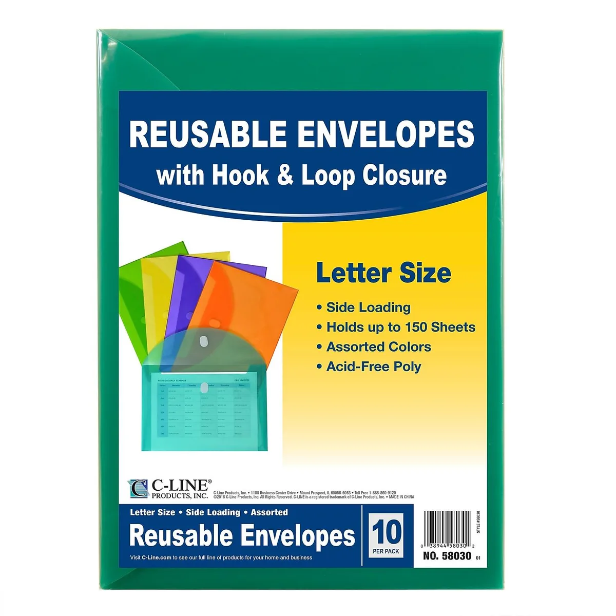 C-Line C-Line XL Reusable Envelopes Hook and Loop 8.5 x 11 Assorted Pack of 10 CLI58030 — product photo