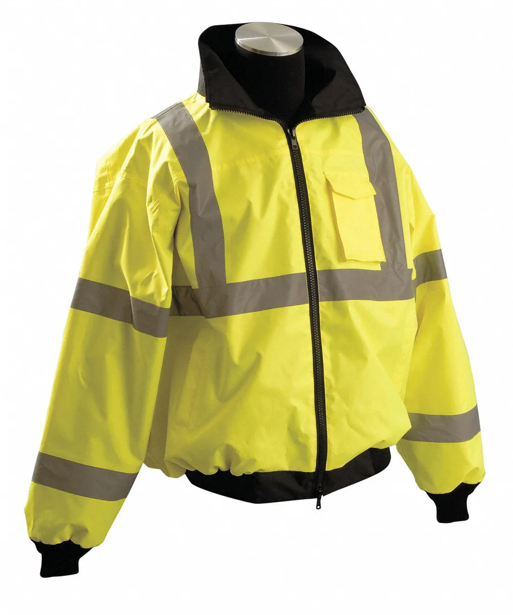 Yellow bomber jacket with packable hood and reflective U-back stripe