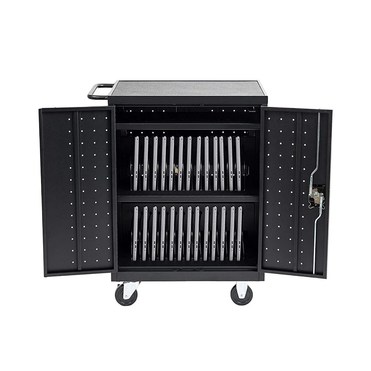 A tall, wheeled cabinet with front and back doors, padded bays for 32 devices up to 13 inches, and a push handle