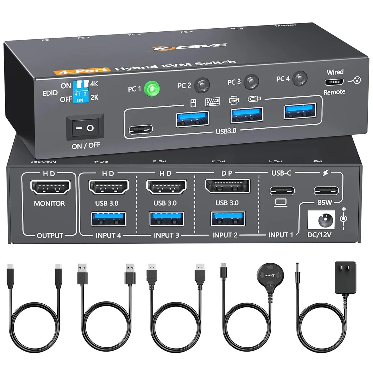 WRIARICH WRIARICH 4K KVM Switch 4-Port USB-C DP Dual HDMI 1 Monitor Wired Remote — product photo
