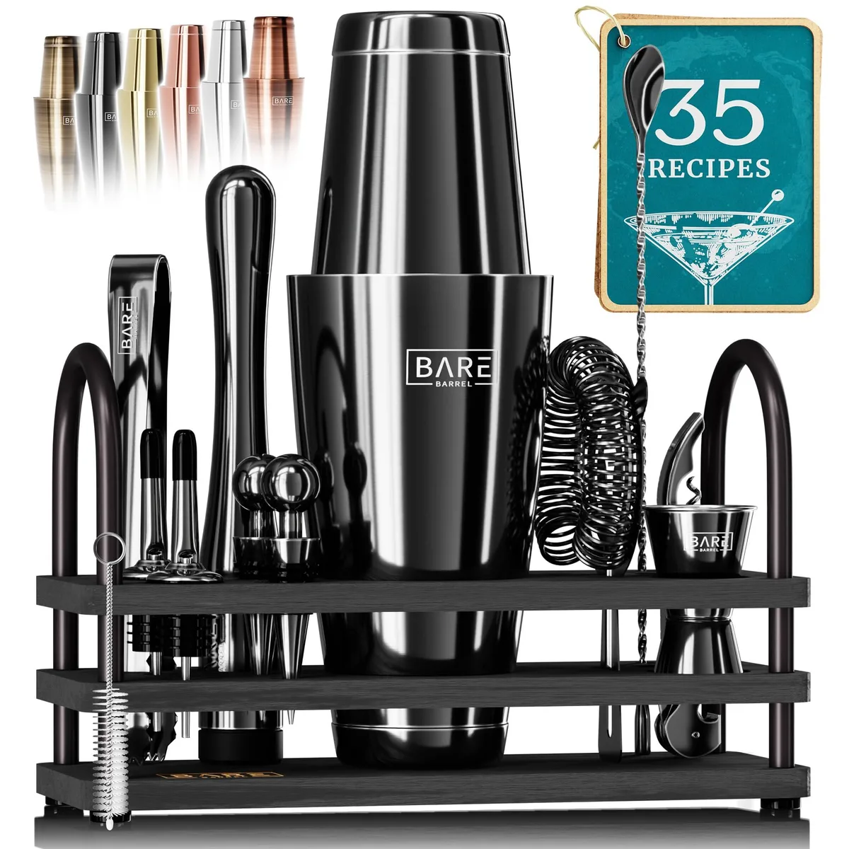 Black stainless steel 14-piece bar set with 28oz shaker, bamboo stand, 35 recipe cards