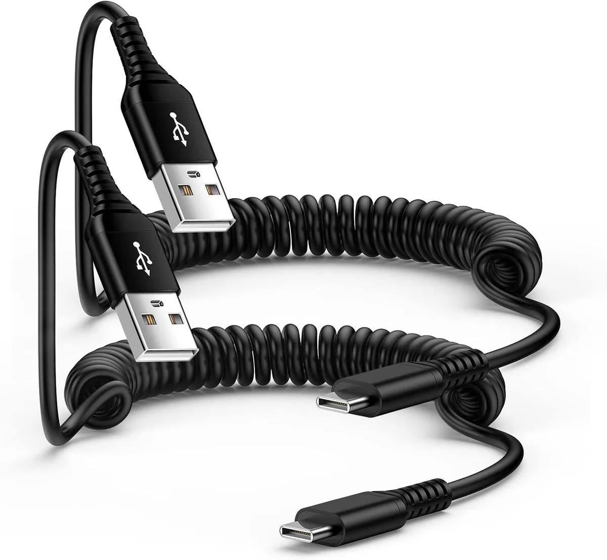 Two coiled USB-C cables, black, spring-shaped, three feet each