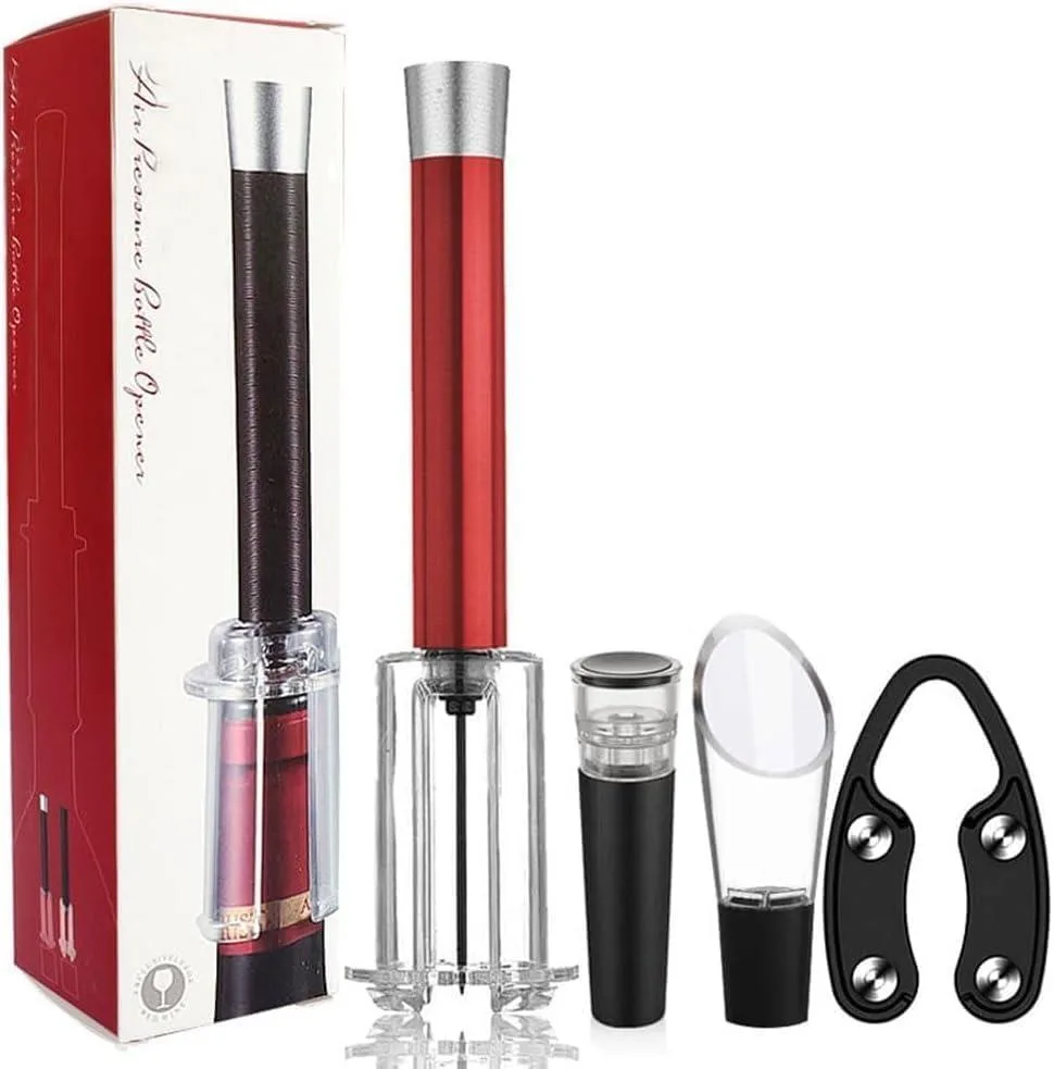 Red pneumatic wine opener set with foil cutter, needle, pump sleeve, aerator, pourer and vacuum stoppers