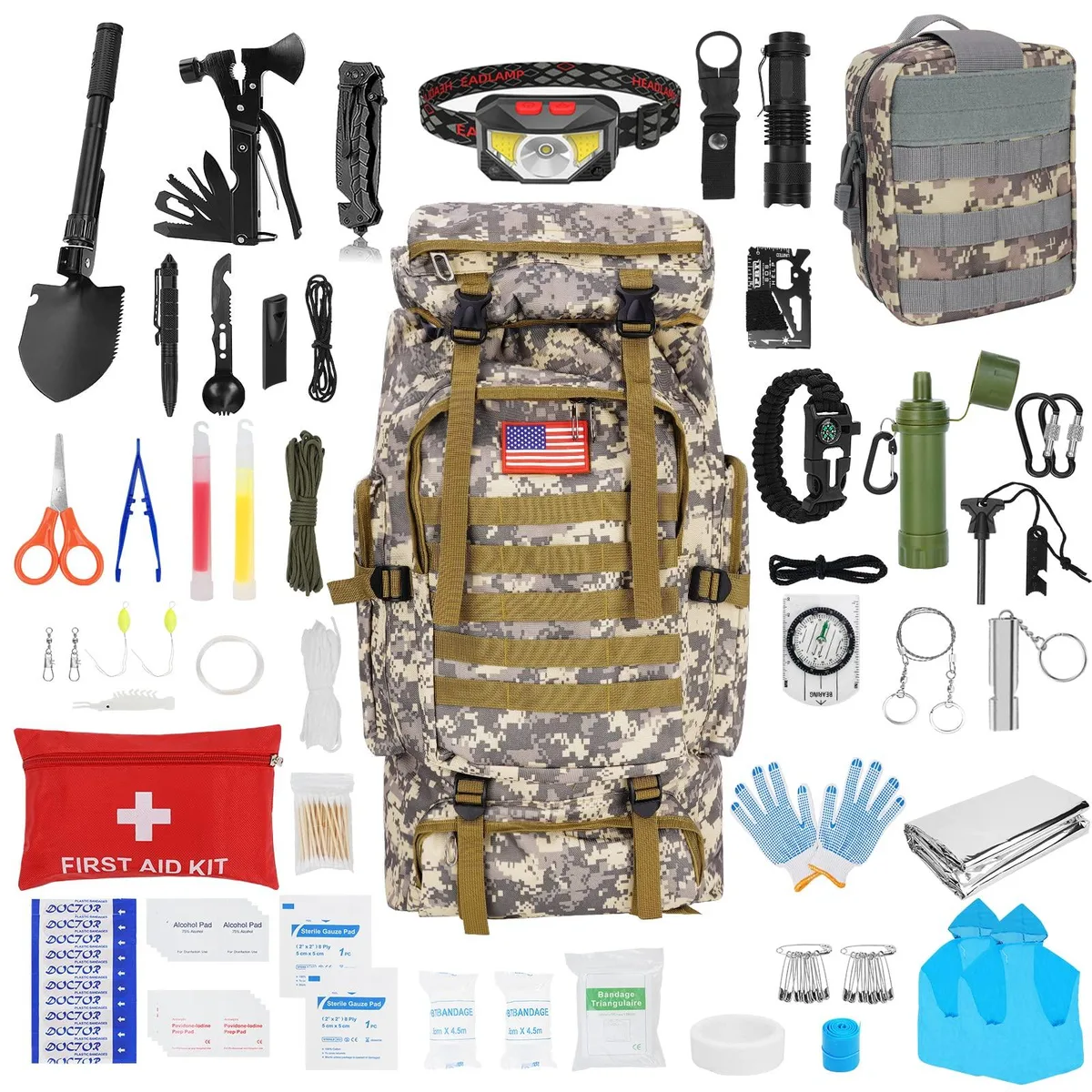 Black nylon 70L backpack with 38-piece survival kit inside