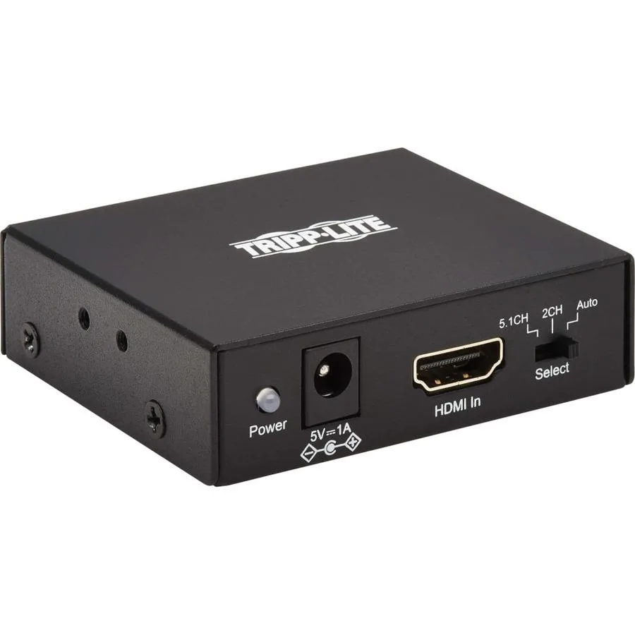 Compact black box with HDMI ports and TOSLINK, RCA, 3.5 mm audio outputs