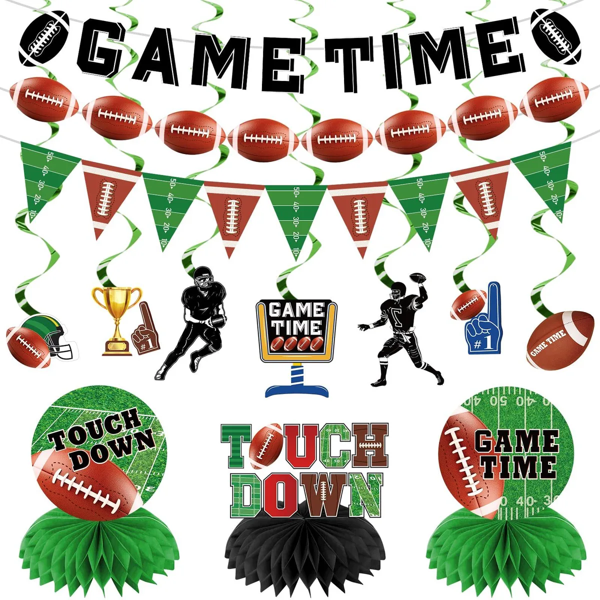 Football party kit with paper banners, triangle flags, hanging swirls and honeycomb centrepieces