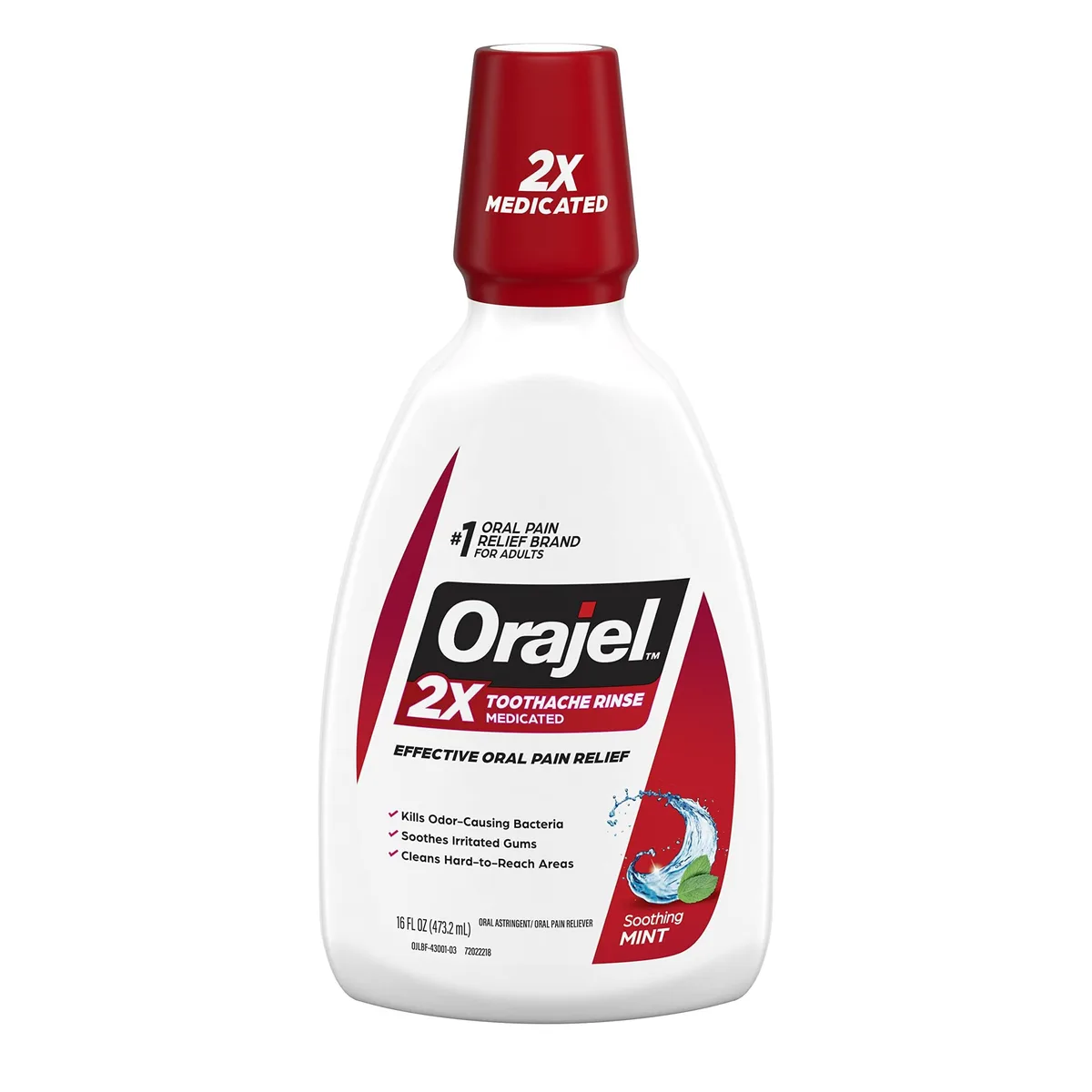 Clear 16 fl oz plastic bottle with mint toothache rinse