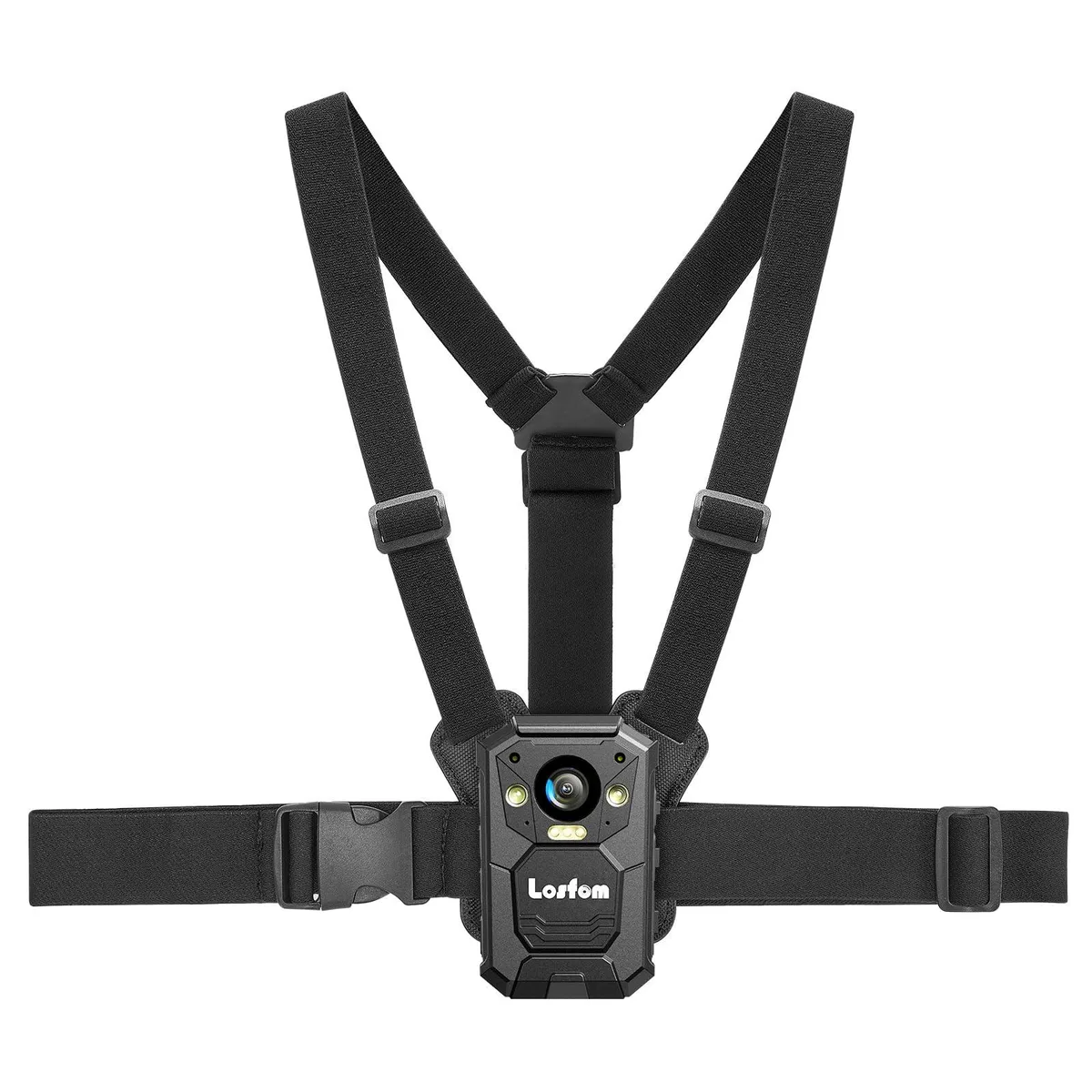 Black adjustable dual-shoulder body camera vest mount with quick-release buckles