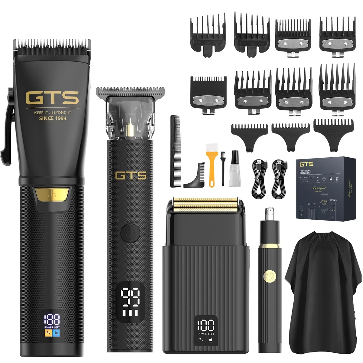 Black cordless grooming kit with five interchangeable heads and LED display