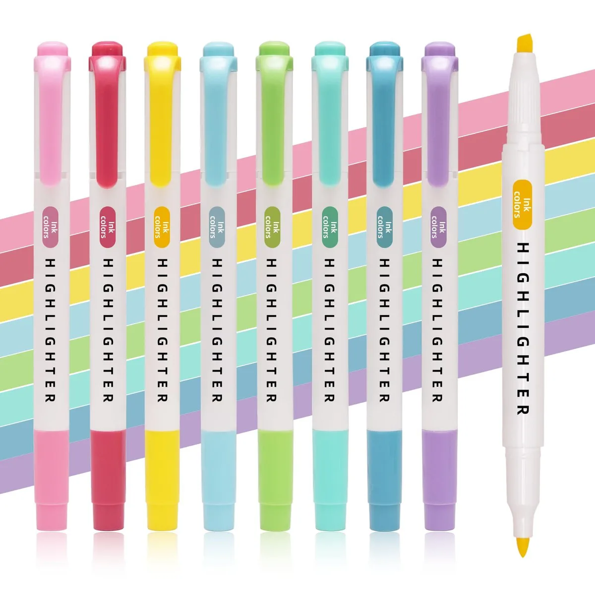 Eight pastel highlighters with dual chisel and fine tips in assorted fluorescent colours