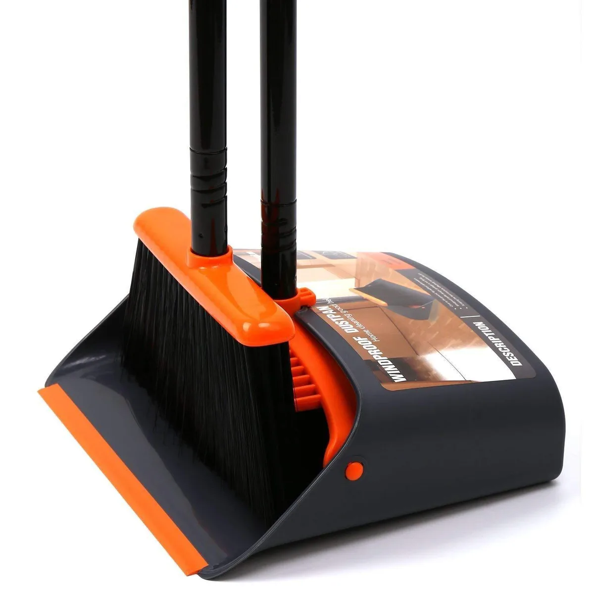 Orange broom and dustpan set with steel handles, upright storage