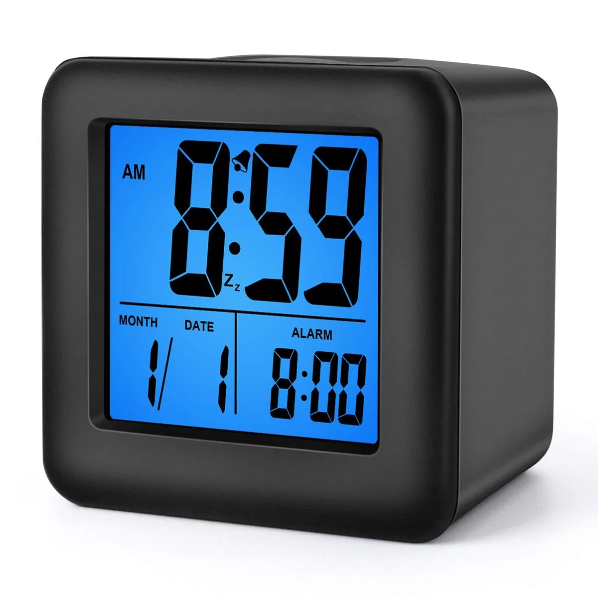 Small black digital alarm clock with a 3.0 inch LCD display and soft silicone cover