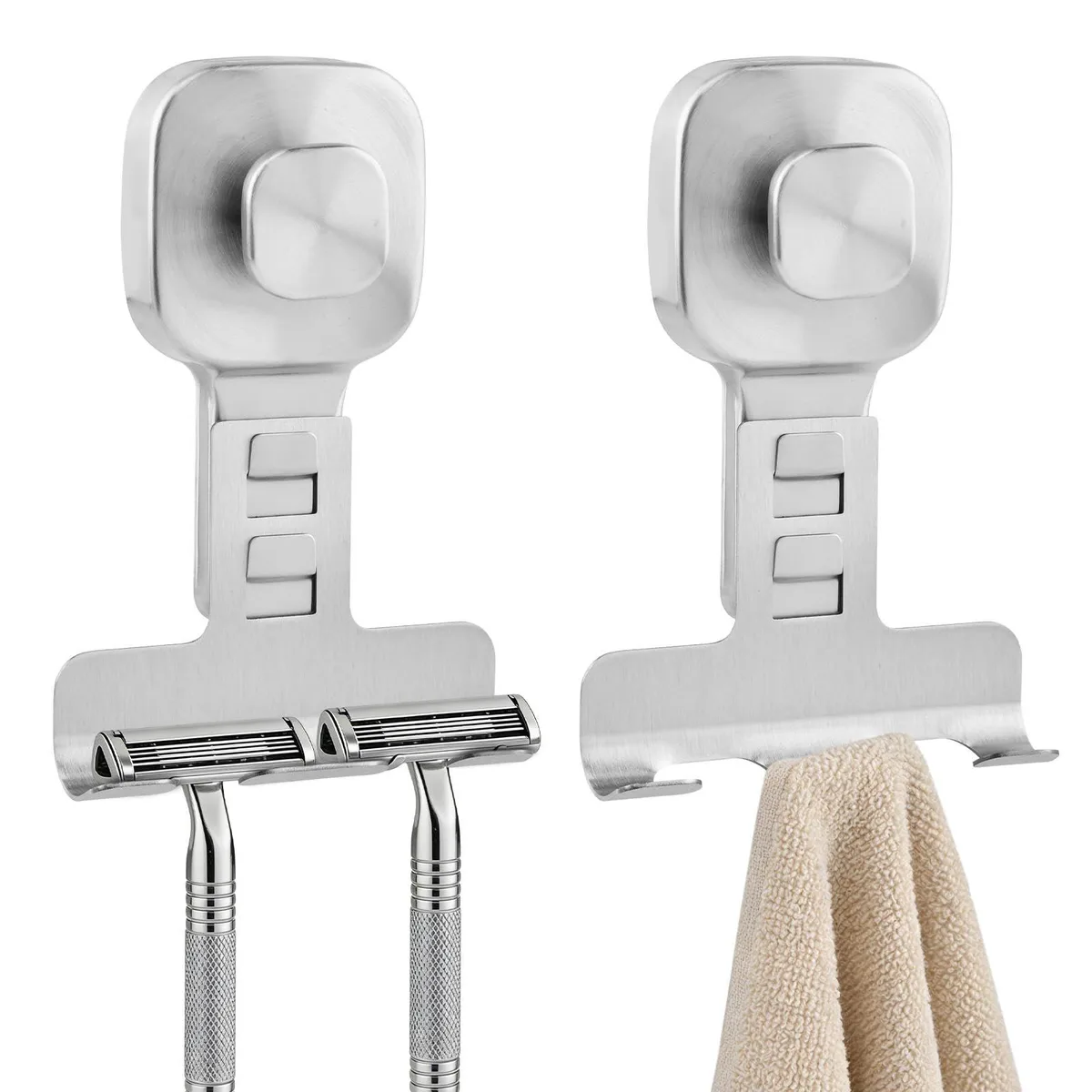 Two metal suction-cup hooks with curved razor slots and drainage holes
