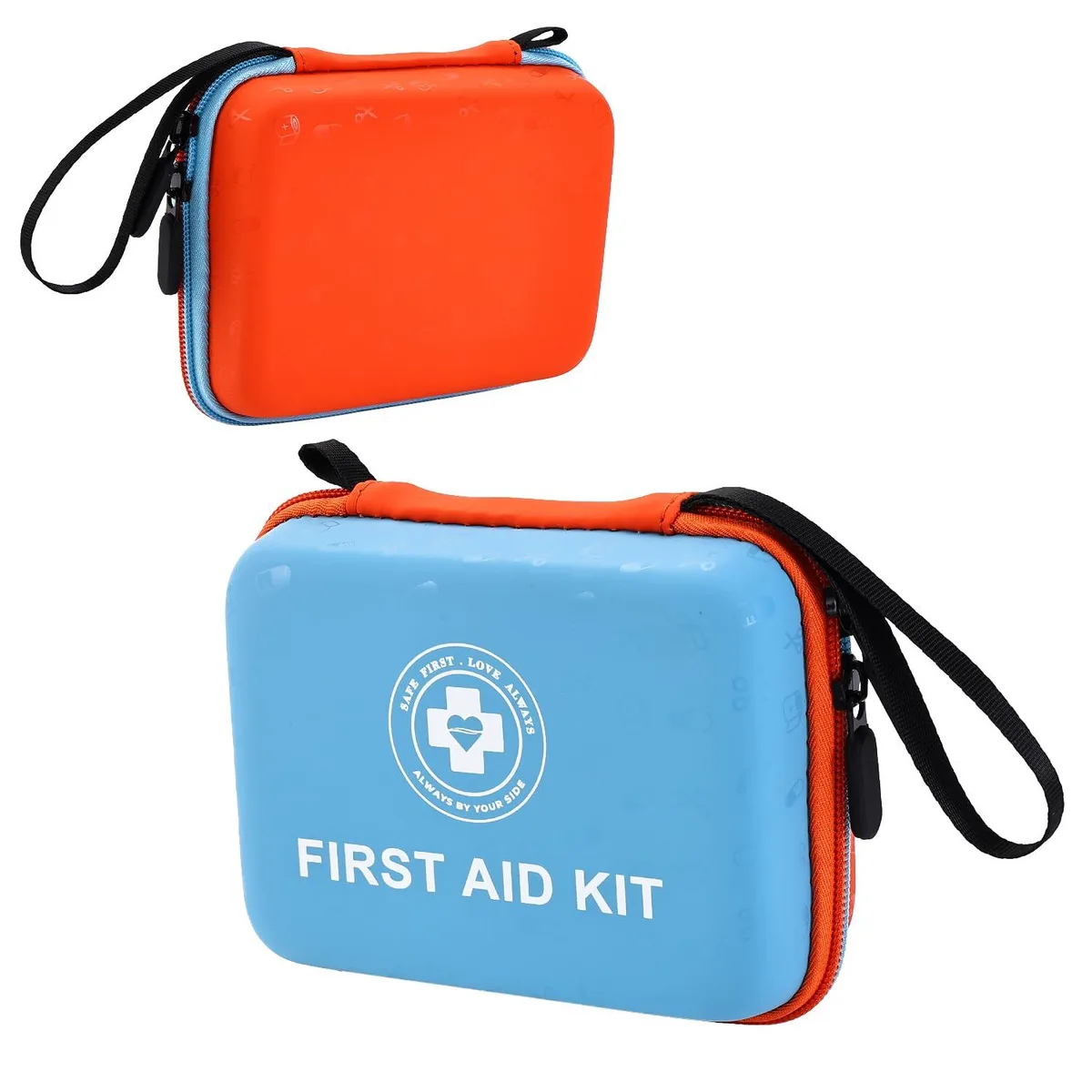 Blue hard-shell first aid kit, 165 pieces, fluorescent interior, carabiner clip