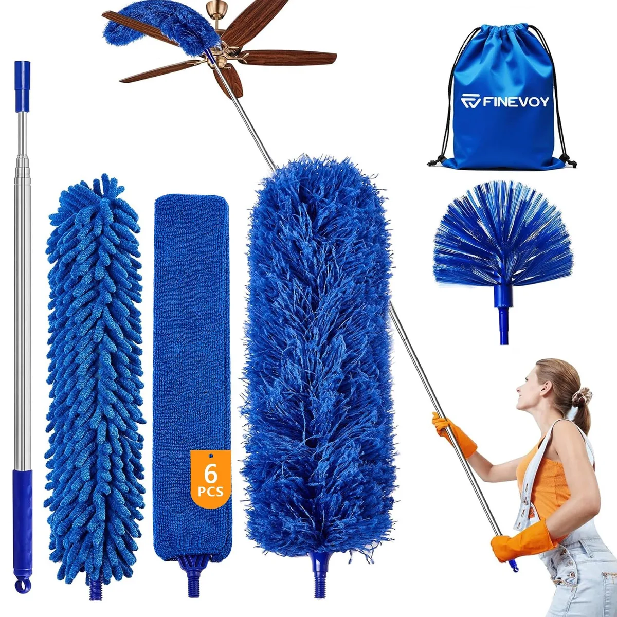 Telescopic pole with microfiber and chenille duster heads, cobweb duster, crevice brush, storage bag