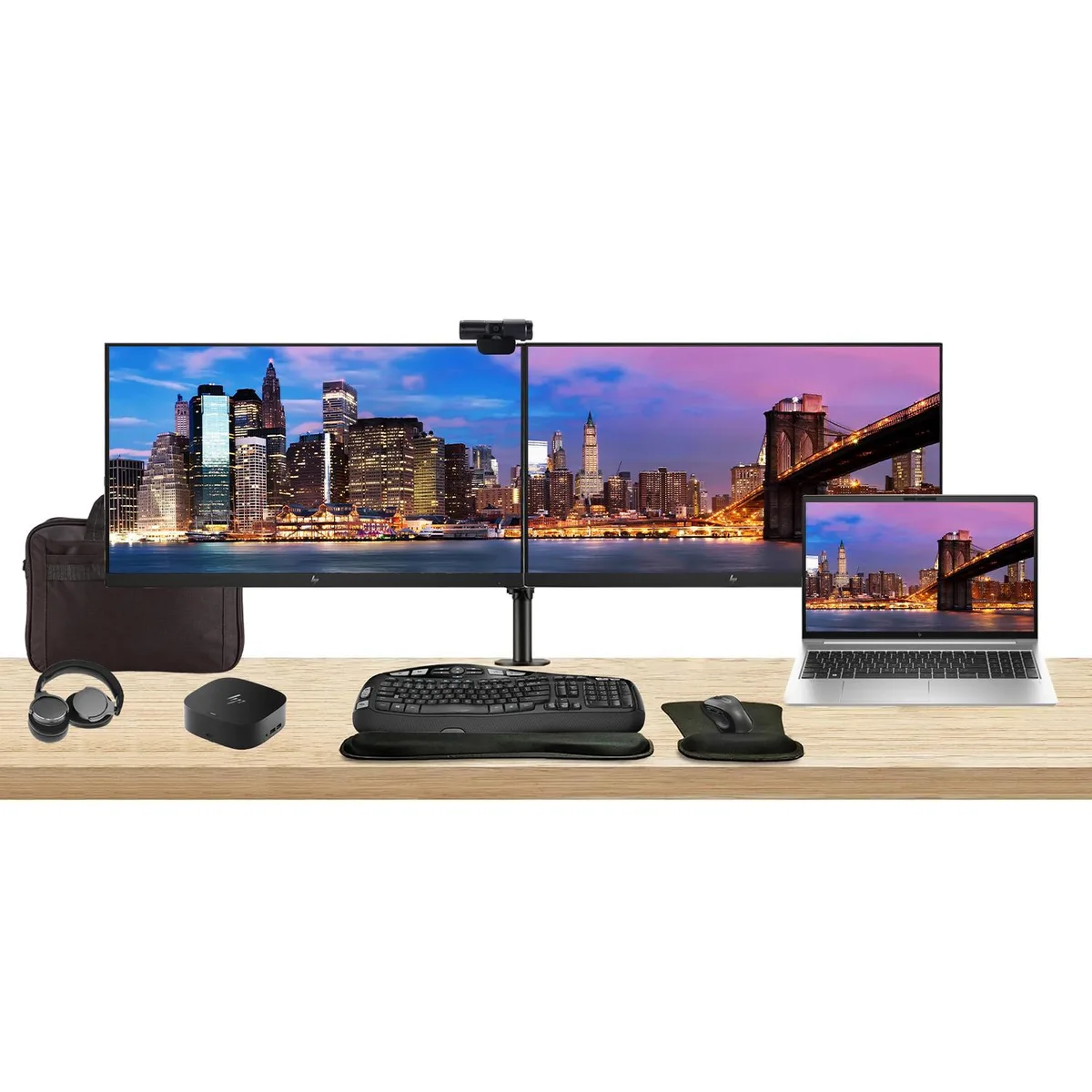 HP HP EliteBook 655 G10 15.6" Ryzen 7 16GB 512GB bundle with 2×27" monitors, dock, peripherals, bag — product photo