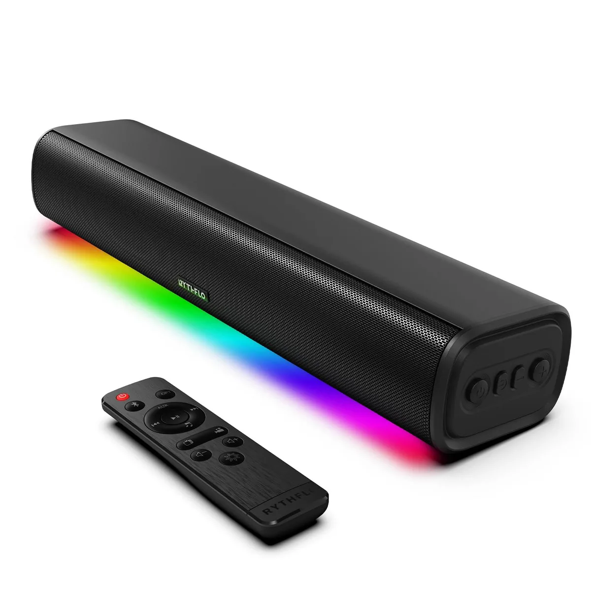 Black rectangular soundbar with LED light strip, 16.2 inches wide, compact low-profile design