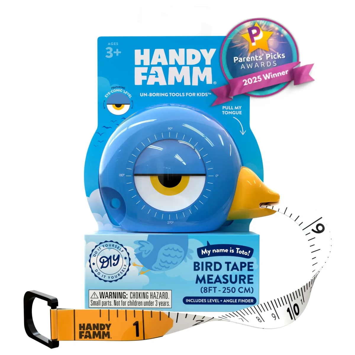  Handy Famm Kids Tape Measure 8ft Blue Bird Retractable with Level Protractor — product photo