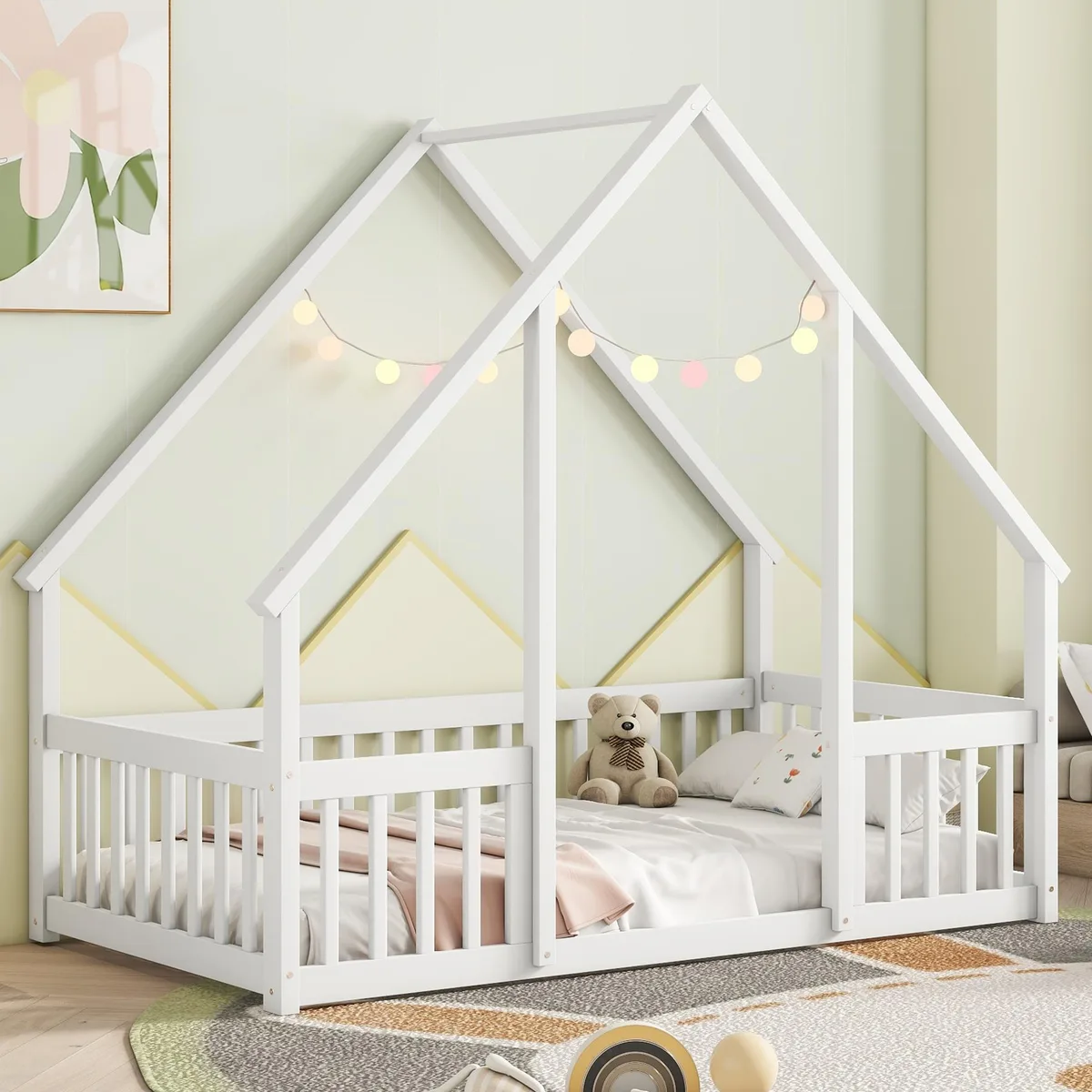 White pine twin house-shaped floor bed with guardrails