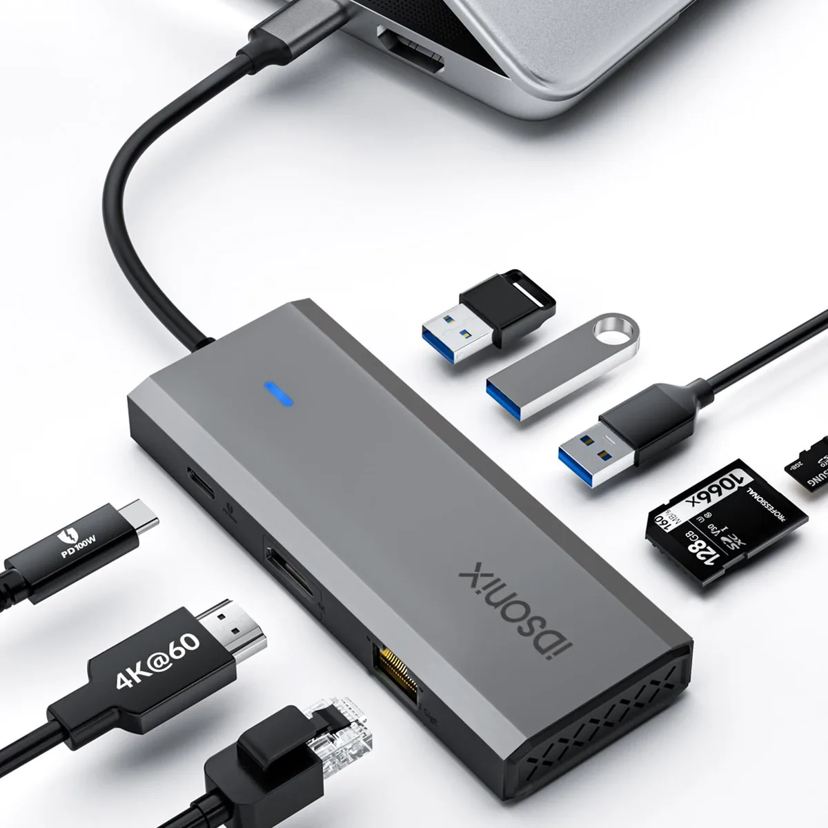 Grey aluminium 8-in-1 USB-C docking station with short cable