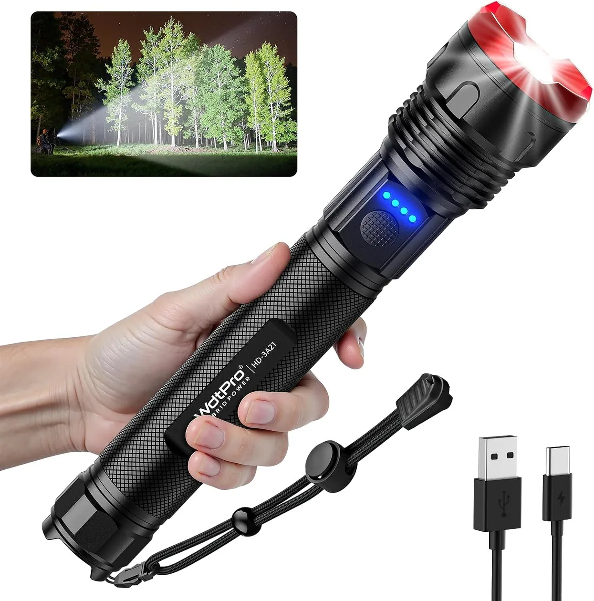 Two small metal flashlights with zoomable heads side by side