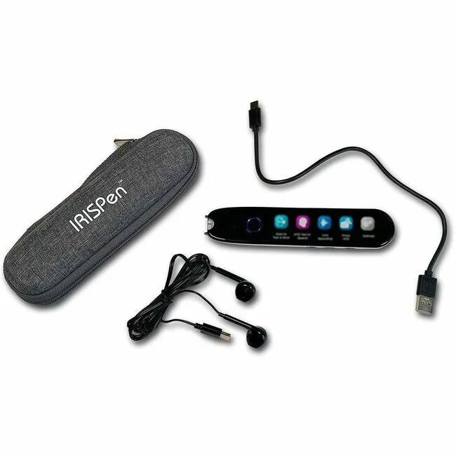 A slender pen-shaped scanner in dark plastic with a USB-C headset attached