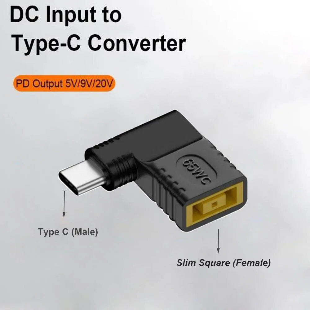 Black adapter with slim square female input and USB-C male output, PVC body