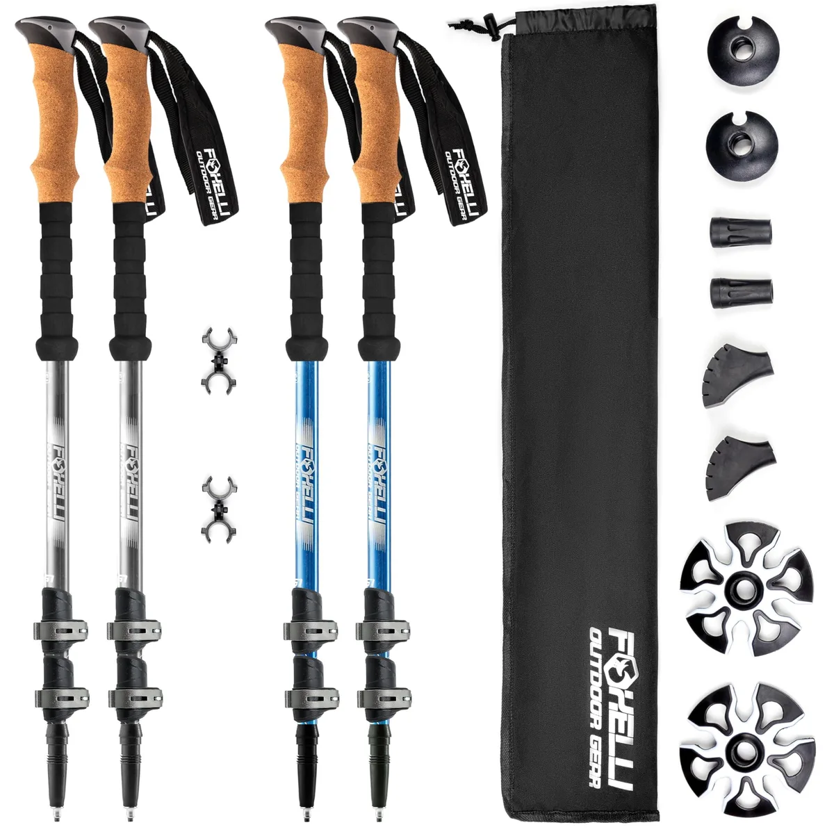 Two pairs of grey and blue collapsible aluminium trekking poles with cork grips and wrist straps