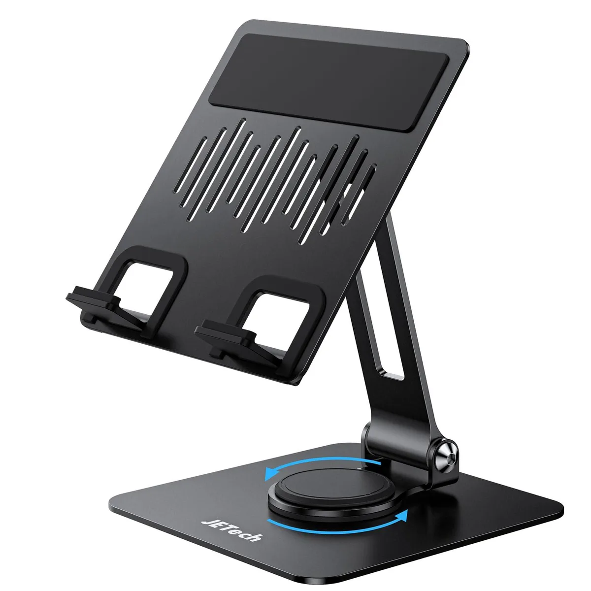 Black aluminium tablet stand with rotating base and silicone grips, folded flat
