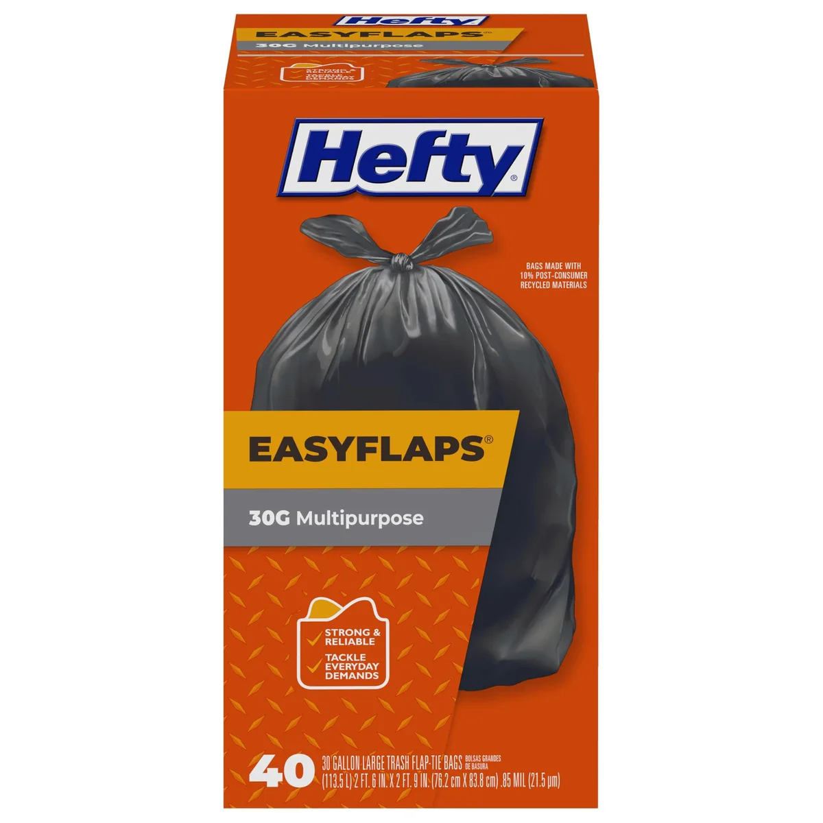 Cardboard box containing black plastic trash bags, 30 gallon capacity, 40 count