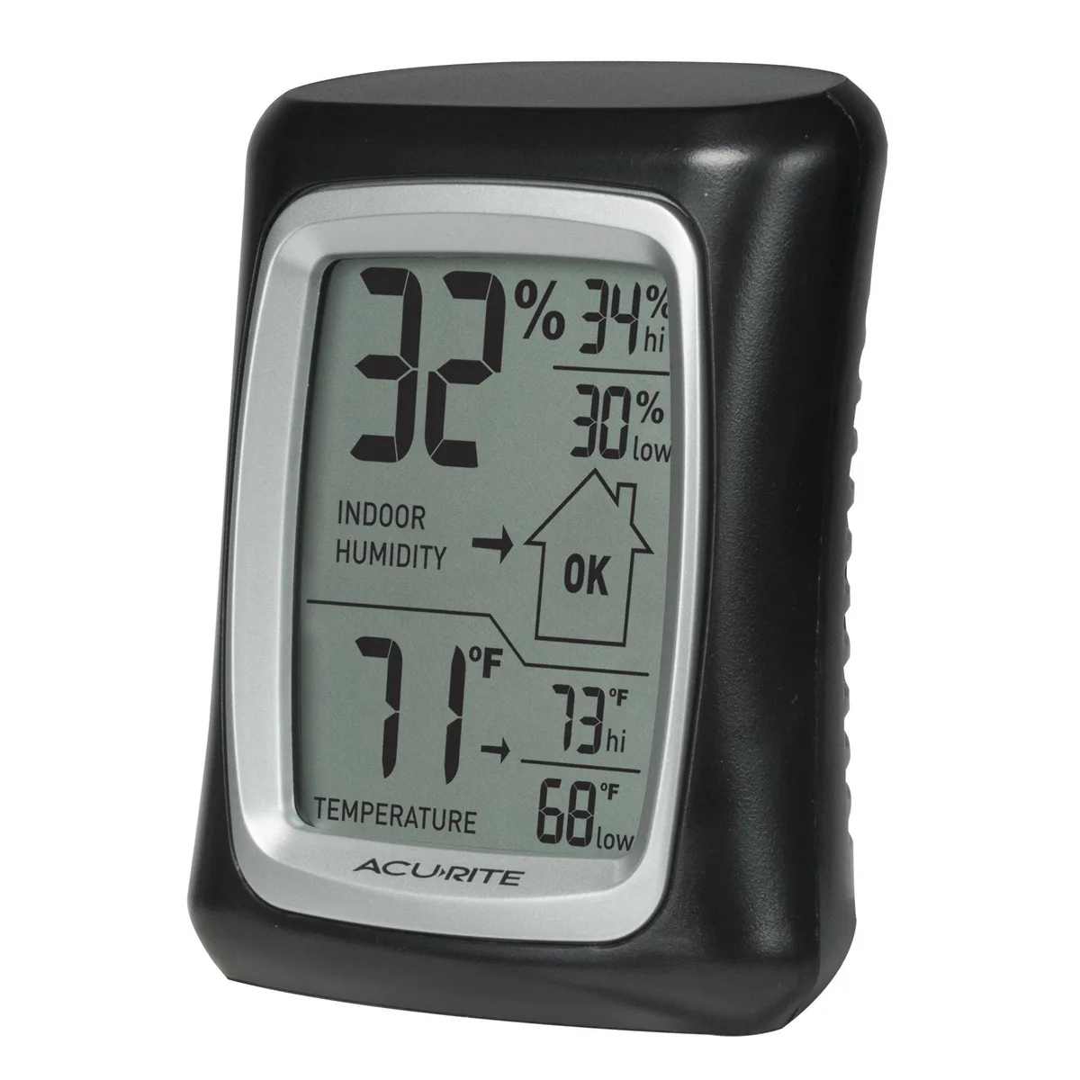 Small black rectangular digital thermometer hygrometer with magnetic back and LCD display