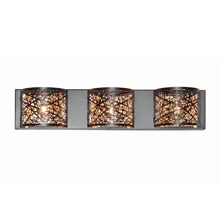 Bronze vanity light with three crystal shades in laser-cut metal sheath