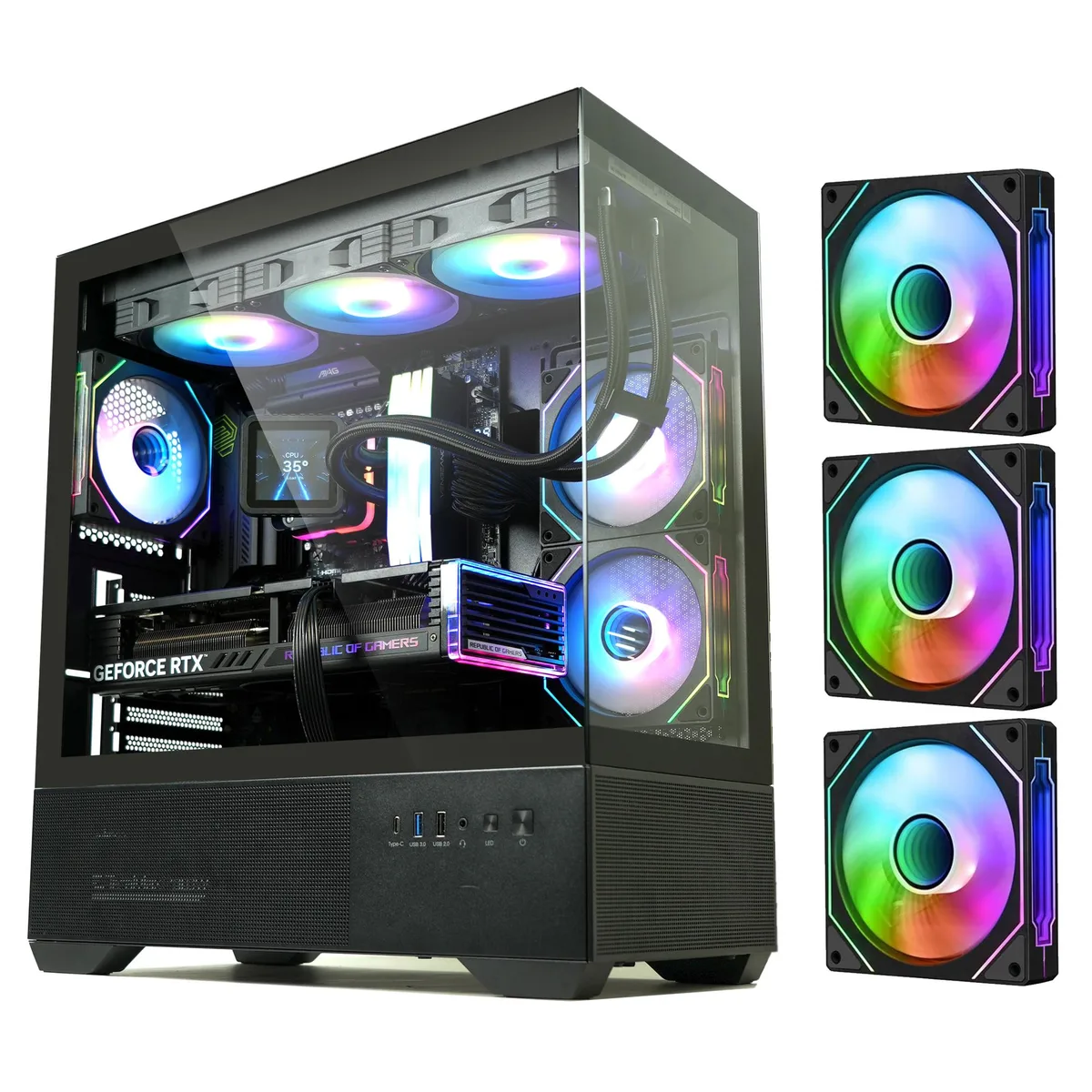 Black mid-tower case with panoramic tempered glass front and side panels, three pre-installed ARGB fans visible inside