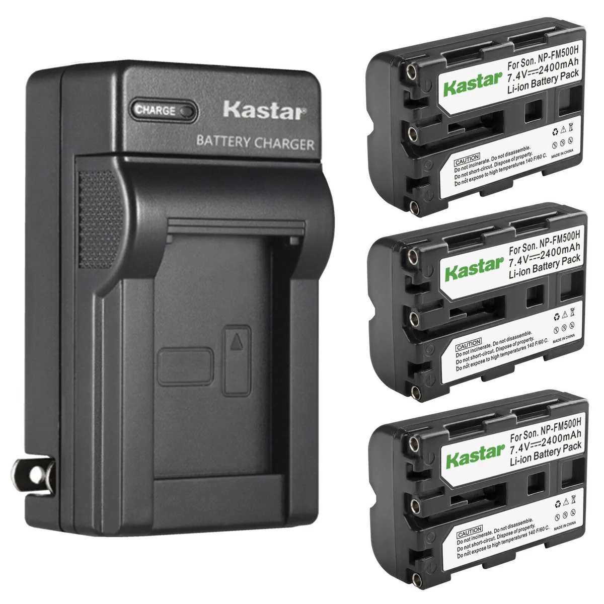 Kastar Kastar 3-Pack NP-FM500H 2400mAh 7.4V camera battery with AC wall charger — product photo