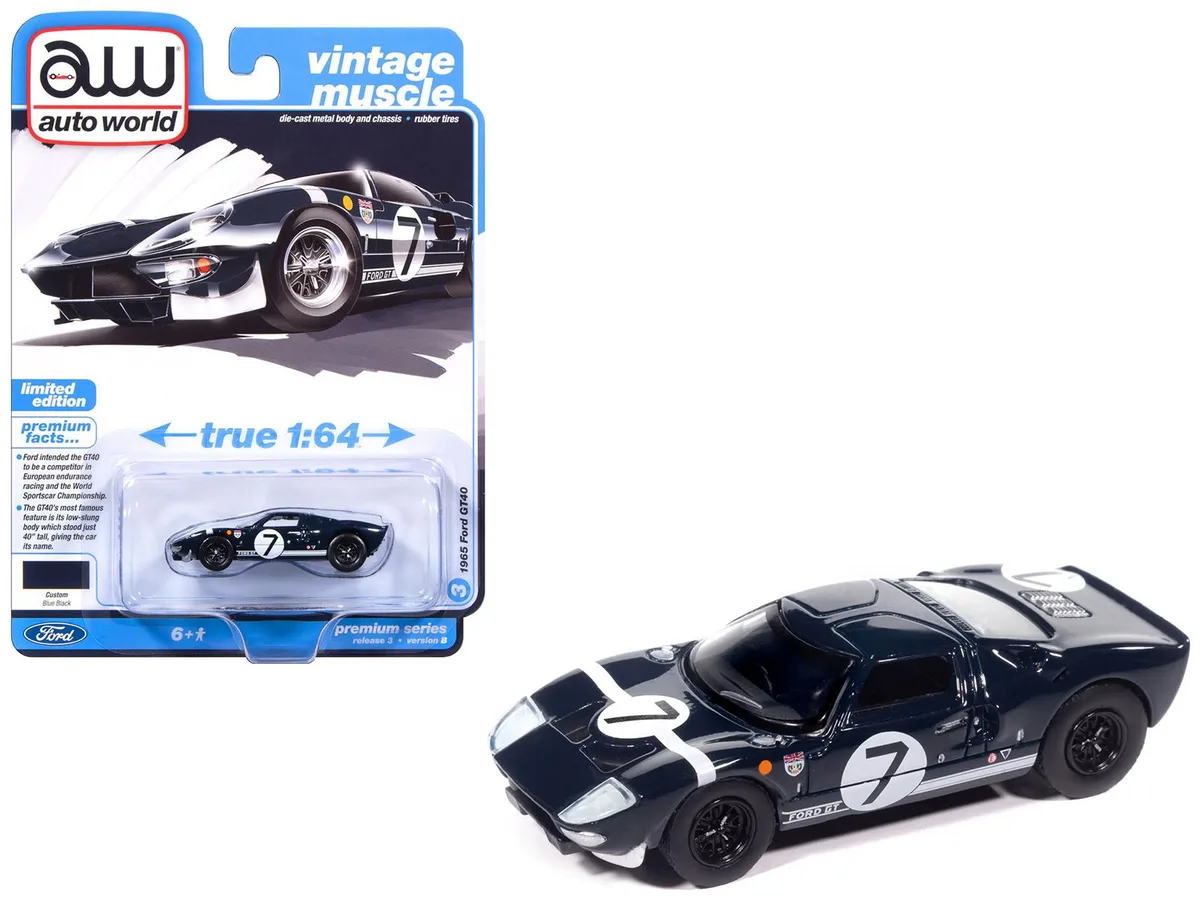 auto world Auto World 1965 Ford GT40 #7 Blue Black White Stripes Vintage Muscle 1/64 Diecast Hobby Collectible — product photo