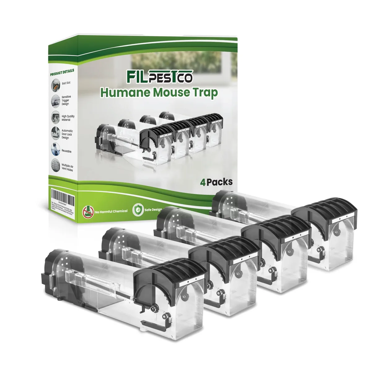 Four rectangular clear plastic humane rodent traps with ventilation holes and spring doors