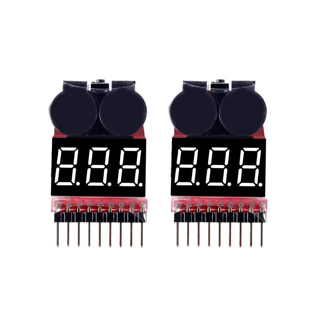 Two small rectangular voltage checkers with JST-XH ports and LED displays, matte black finish