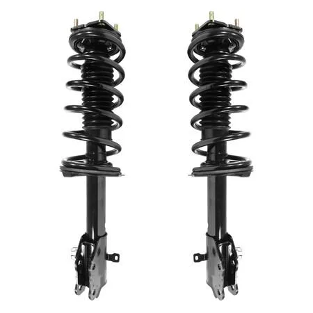Pair of assembled front strut units with springs and mounts, silver metal finish