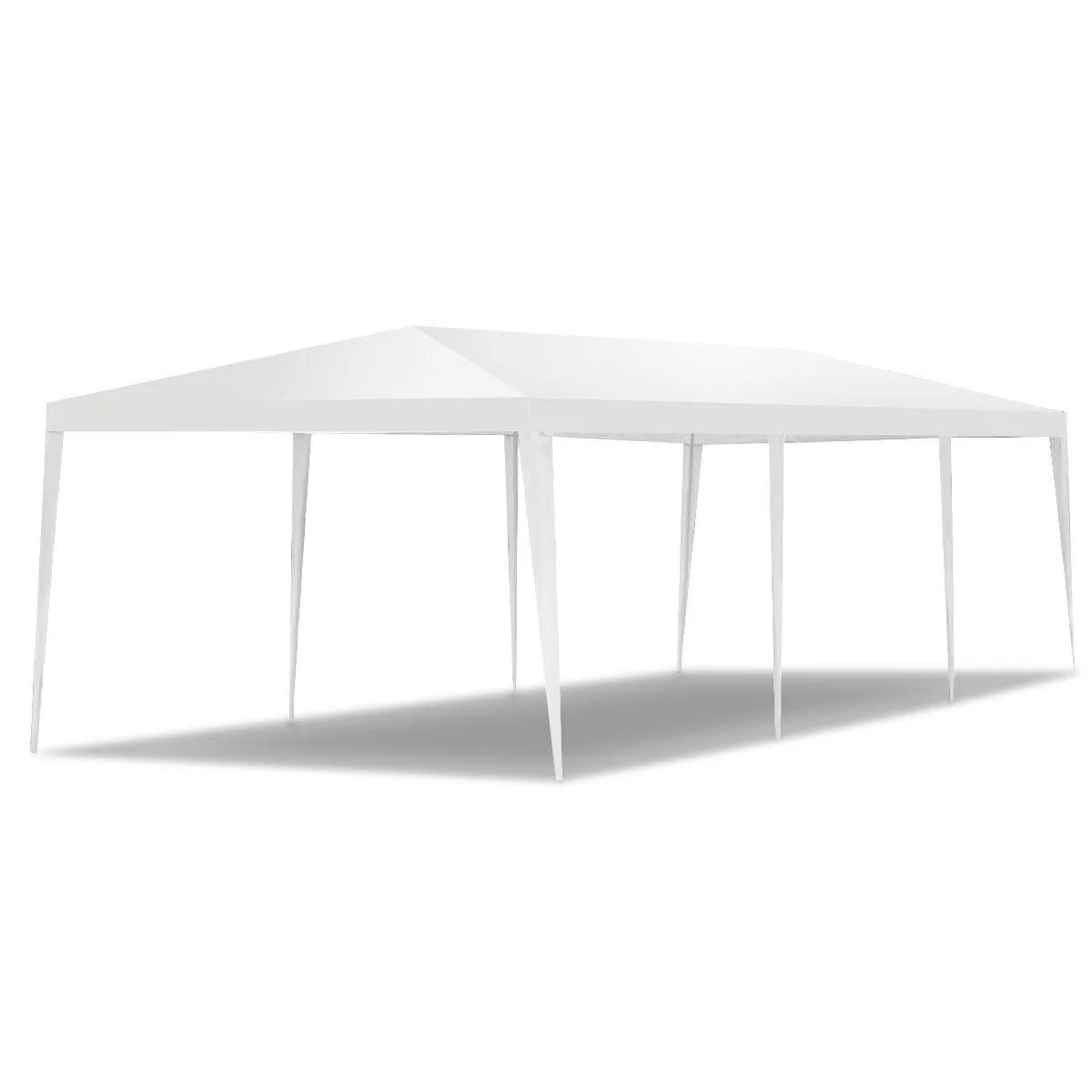 White 10 by 30 foot canopy tent with polycarbonate roof and sidewalls