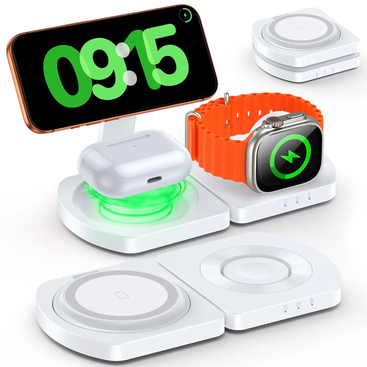 White foldable 3-in-1 magnetic charging stand for iPhone, Apple Watch and AirPods