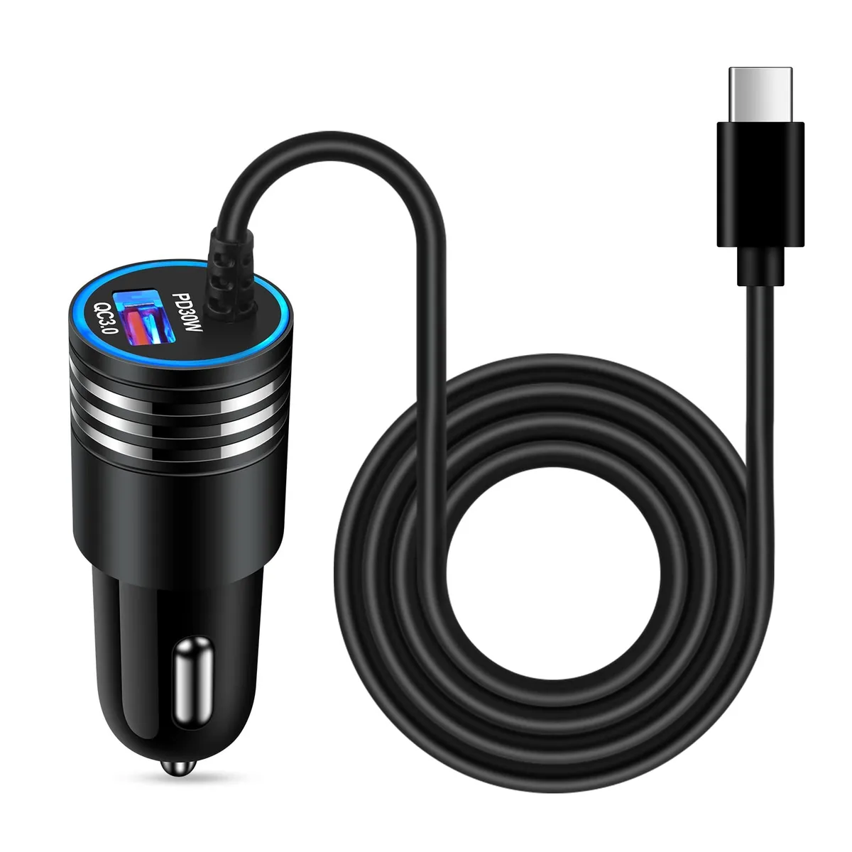  ANDHOT BC08-PD+QC 48W USB-C Car Charger with 30W Coiled Cable, Pure Black — product photo