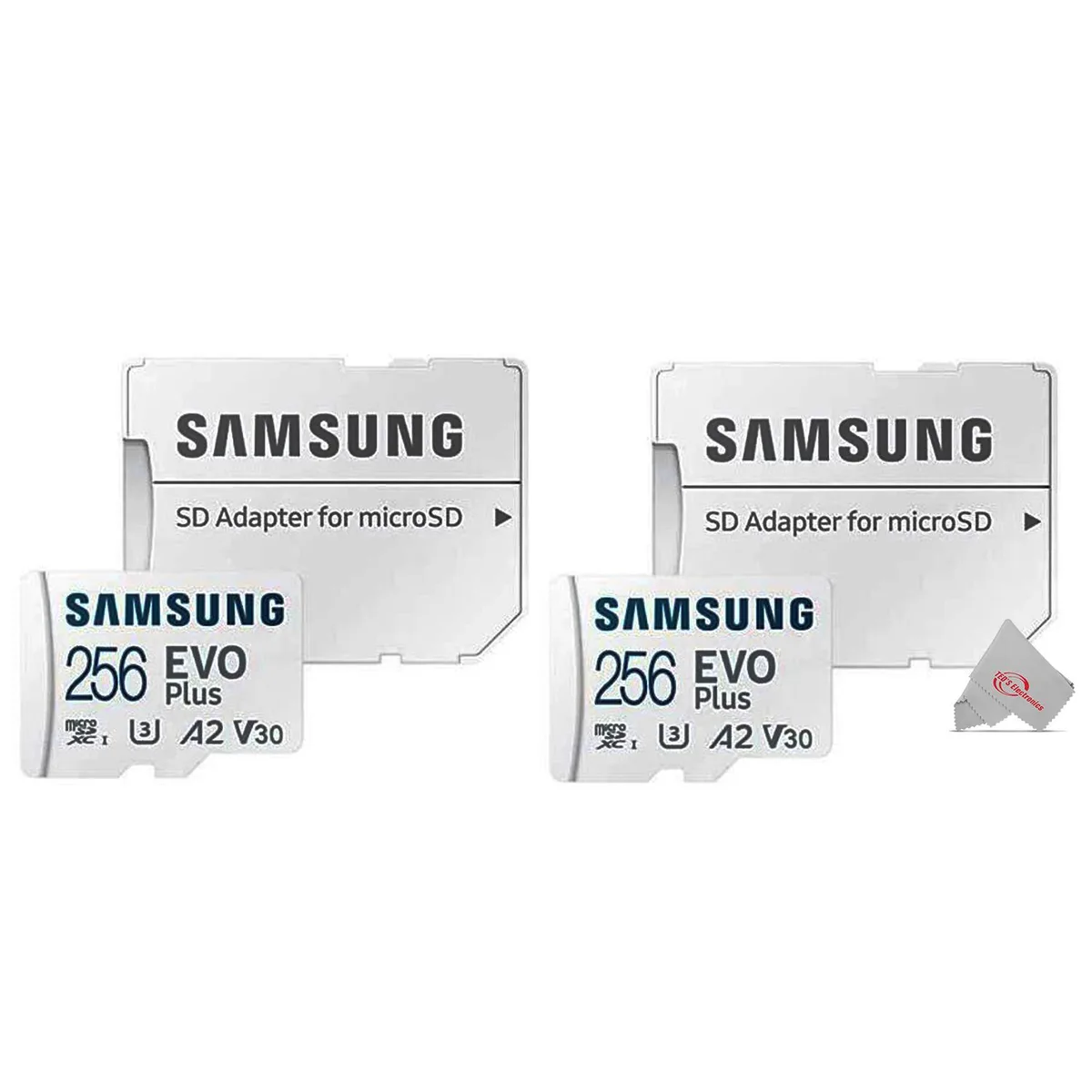 Two small black microSD cards with red labels and matching full-size adapters