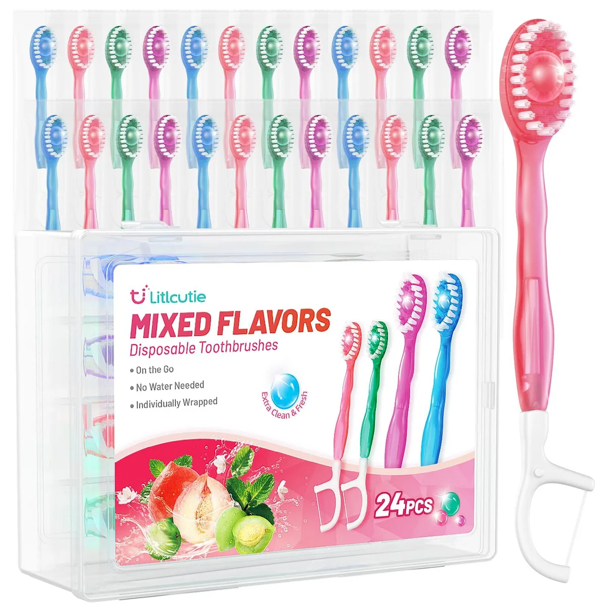 Box of 24 individually wrapped mini toothbrushes with built-in paste, floss, pick and tongue scraper