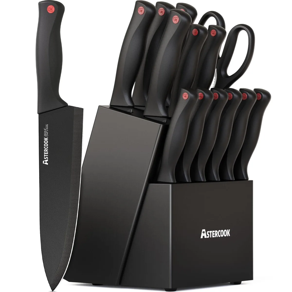 Black 15-piece knife set in wooden block with built-in sharpener, stainless steel blades, polypropylene handles