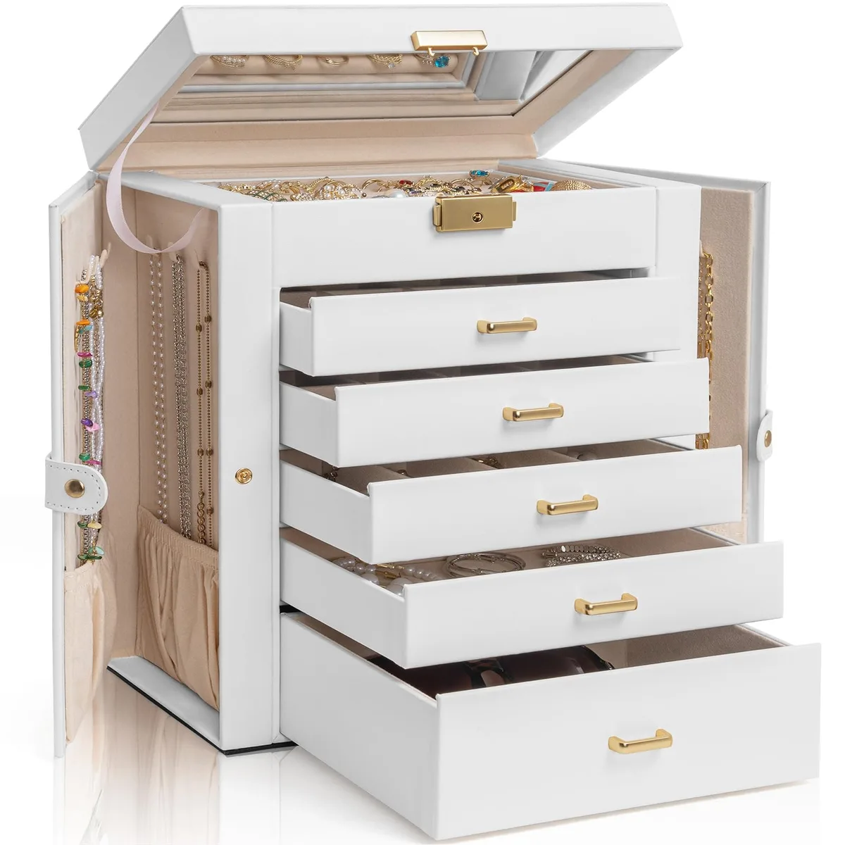 White leather six-tier jewelry box with five pull-out drawers, side swing cabinets, top mirror and carry handle