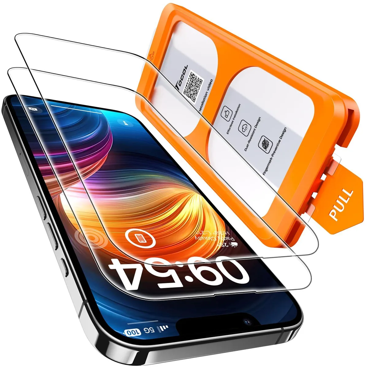 Two clear tempered glass screen protectors with black curved edges and an alignment frame for iPhone 14 6.1