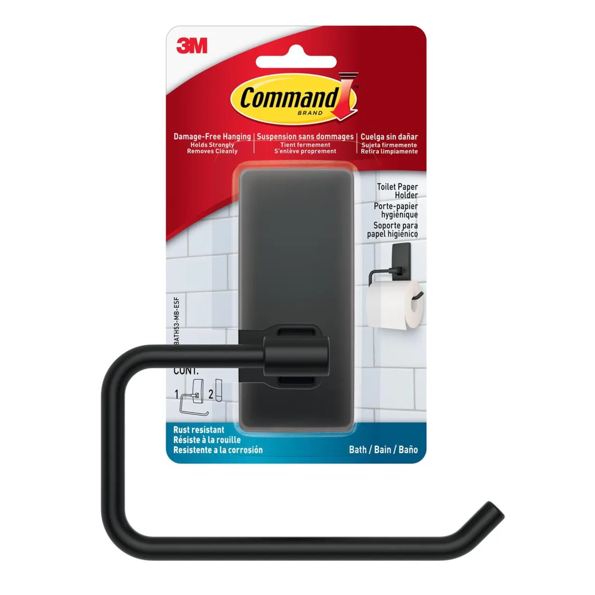 Matte black toilet paper holder with adhesive strips